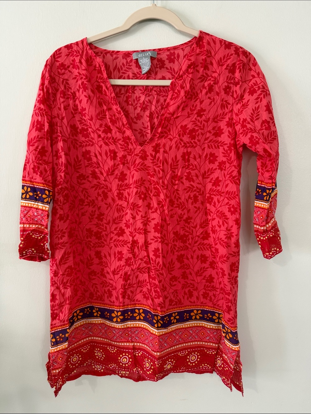 dELiA*s Red Floral V-Neck Swim Coverup with Multicolor Border